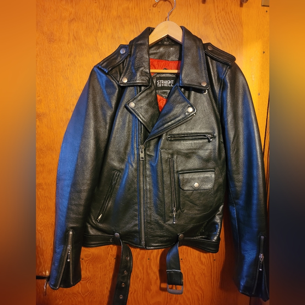 Black leather biker jacket
